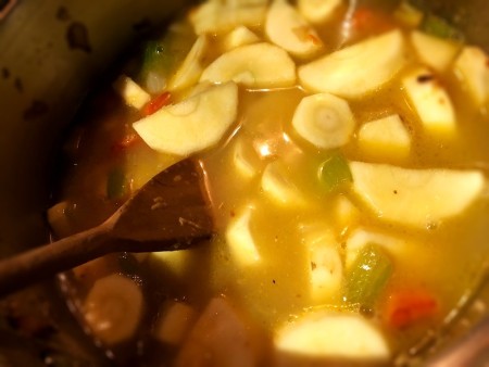 Cooking the soup ingredients together.