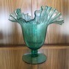Age and Value of a Depression Glass Vase - turquoise glass stemmed vase with deeply fluted edge