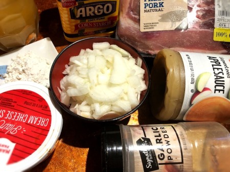 Ingredients for crispy pork roast with apple onion gravy.