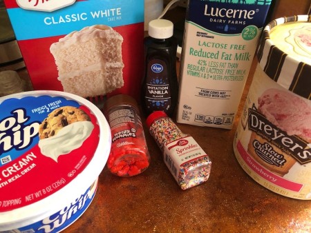 Ingredients for strawberry ice cream cake.