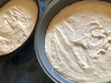 Cake batter in two round layer cake pans.