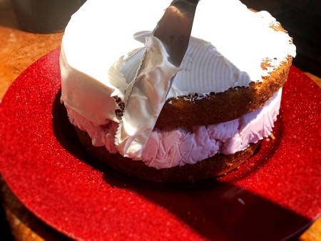 Frosting the ice cream cake.