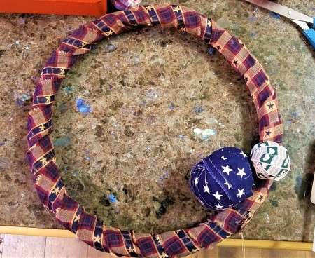 Americana Ball Wreath - wrapped wreath with two balls in place