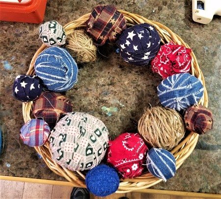 Americana Ball Wreath - all of the balls arranged in place before gluing