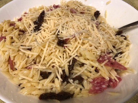 Parmesan added to orzo mixture.