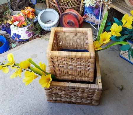 Double Decker Wicker Baskets Floral Display - adding long stemmed yellow flowers