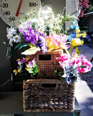 Double Decker Wicker Baskets Floral Display - display outside