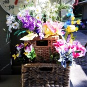 Double Decker Wicker Baskets Floral Display - display outside