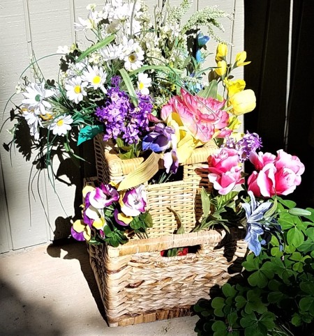 Double Decker Wicker Baskets Floral Display - final display outside in a spot of sun