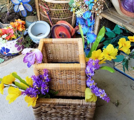 Double Decker Wicker Baskets Floral Display - now adding purple