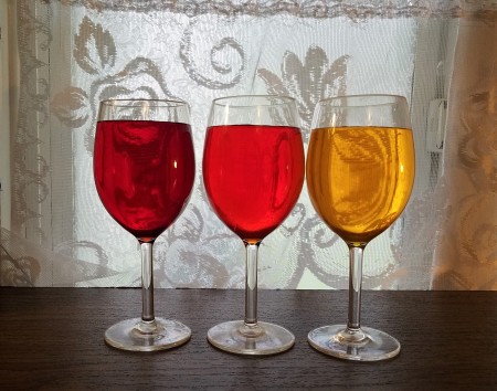 Rainbow Goblets - red, orange, and yellow water filled goblets