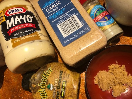 Ingredients for spicy mustard dipping sauce.