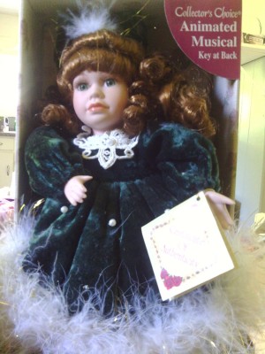 Identifying a Collector's Choice Porcelain Doll? - doll in blue velvet dress with fluffy white trim, in the original box