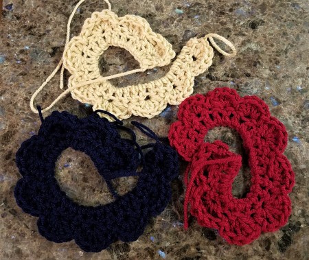 Crocheted Americana Roses - making double and treble crochet petals with all three colors for three roses