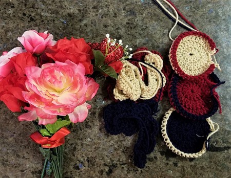 Crocheted Americana Roses - faux flowers, crocheted circles for buds and lengths for forming full roses