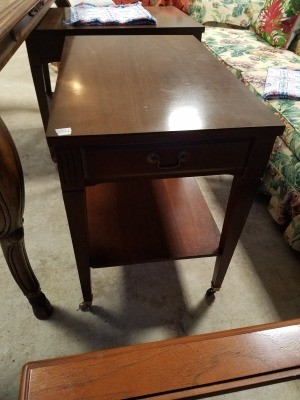 Value of a Pair of Mersman End Tables? - mahogany finish plain table with lower shelf, drawer, and casters, rectangular in shape