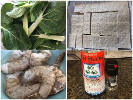 Ingredients for bok choy tofu shrimp soup.