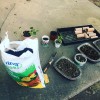 A bag of potting soil, seedlings in plastic containers and a nursery tray with TP tubes