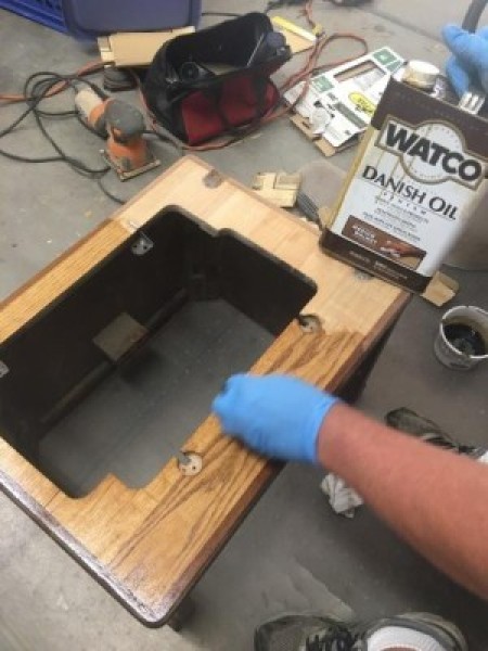 Sew Pretty Sewing Machine Restoration - staining with Danish oil finish