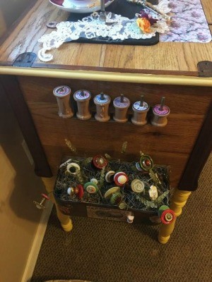 Decorated Singer Button Box and Spool Holder - side of sewing machine with spools and button garden attached