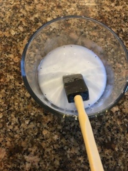 Decorated Singer Button Box and Spool Holder - bowl with Mod Podge and foam brush