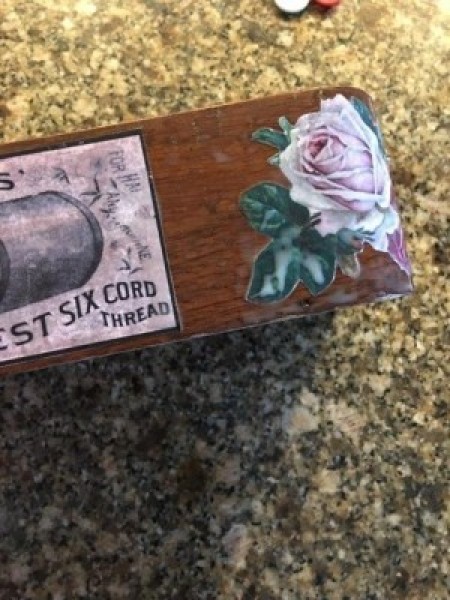 Decorated Singer Button Box and Spool Holder - view of rose and thread ad decoupaged to front of drawer