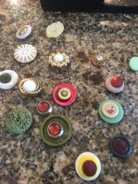 Decorated Singer Button Box and Spool Holder  - matching up buttons