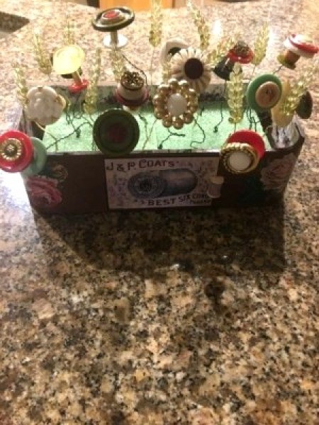 Decorated Singer Button Box and Spool Holder - button garden