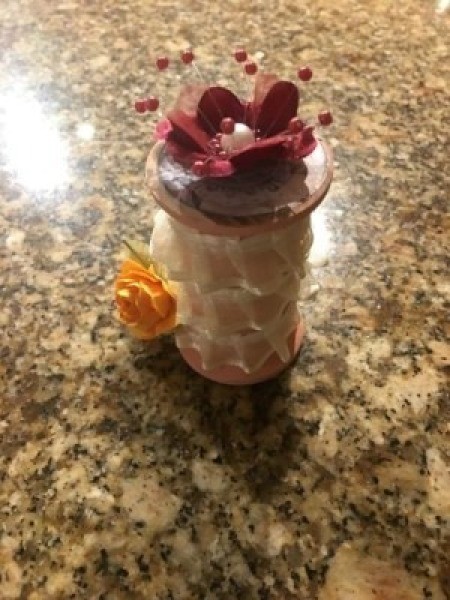 Decorated Singer Button Box and Spool Holder - spool decorated with lace and flowers