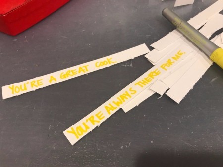 Upcycled Valentine's Candy Box Birthday Gift - messages written on the strips