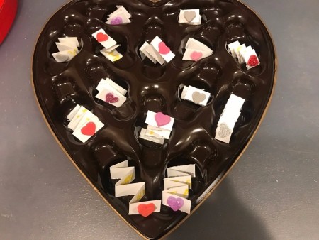 Upcycled Valentine's Candy Box Birthday Gift - messages placed in the candy spaces, foam hearts added to the notes