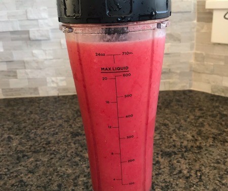The blended watermelon strawberry beverage.