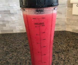 The blended watermelon strawberry beverage.