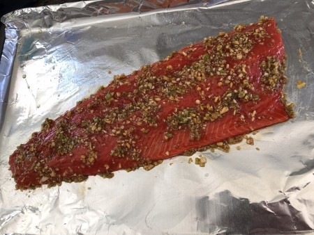 Salmon topped with ginger garlic and lemongrass mixture.