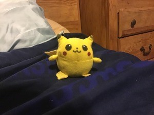 Identifying a Pikachu Plush? - yellow plush on a dark blue blanket