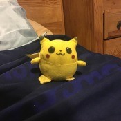 Identifying a Pikachu Plush? - yellow plush on a dark blue blanket