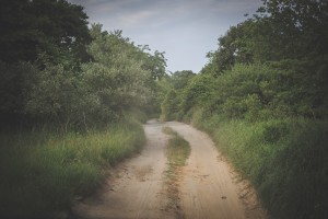 An unpaved country road.