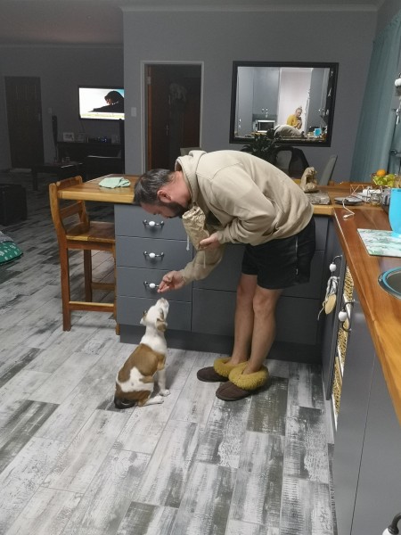 A man feeding a puppy.