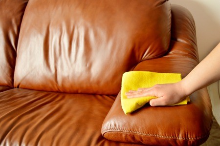 Cleaning a leather sofa with a cloth.