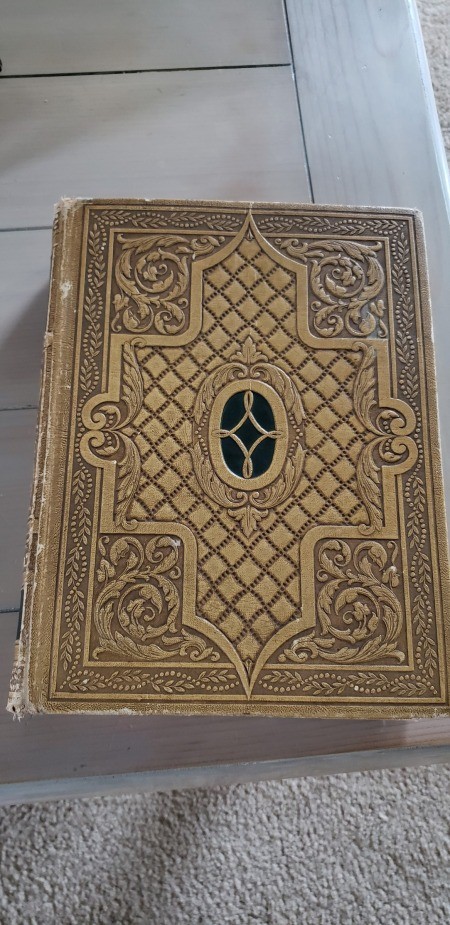 The ornate front cover of an old Webster's dictionary.