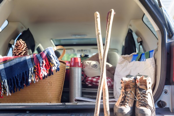 A car full of camping materials.