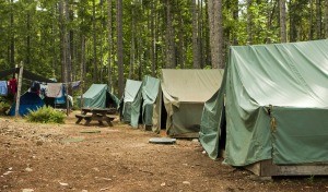 A collection of Boy Scout tents at camp.