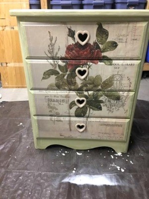 Decalicious Dresser Makeover - painted three drawer dresser with large rose decal.