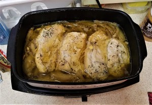 The baked pan of French Onion Chicken.