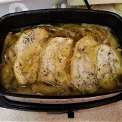 The baked pan of French Onion Chicken.