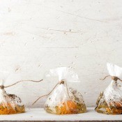 Eggs and spices in plastic bags.