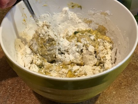 Dandelion Playdough - mixing with a fork