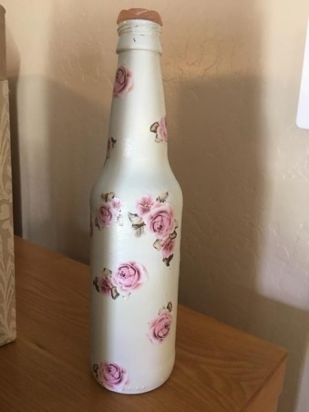 Quickie Thrifty Crafts - flowers decoupaged onto the bottle once paint dry
