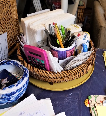 DIY Lazy Susan Organizer - original overcrowded basket