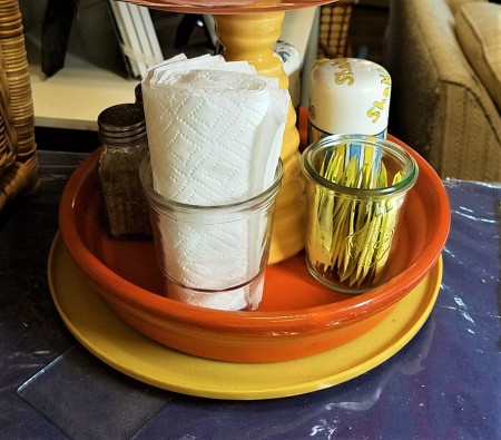 DIY Lazy Susan Organizer - also added napkins and sweetener in jelly jars